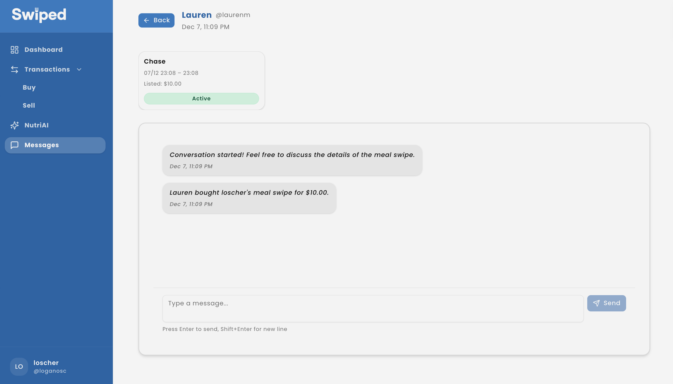 Swiped confirmation and chat screen