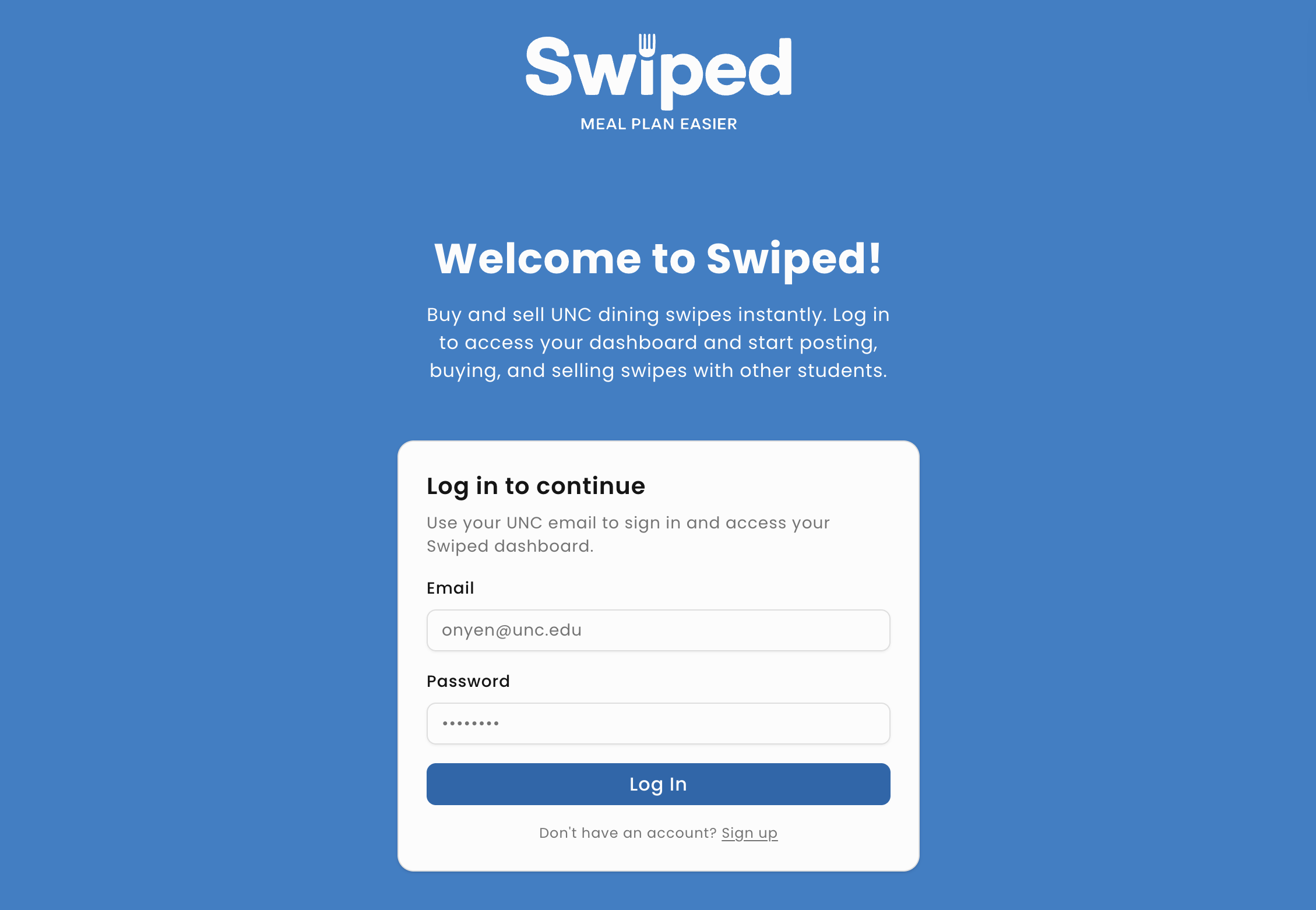 Swiped signup screen